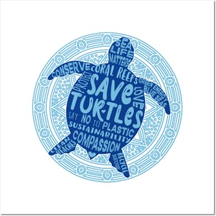 Save the Turtles - Blue Boho Posters and Art